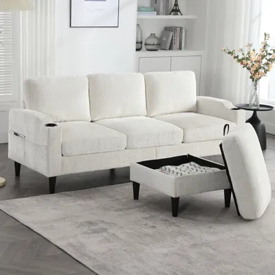 Produktbild von okwish Relaxsofa,4-Sitzer Sofa mit Hocker & Stauraum,Ecksofa Polstermöbel mit Armlehnen und Getränkehalter, Big Sofa mit Seitentaschen &Kunststofffüßen,Beige
