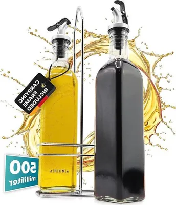 Immagine prodotto di Set di bottiglie in vetro per olio e aceto Famanu, con supporto - Bottiglie in vetro per olio e aceto - Tappo antigoccia - 2 bottiglie da 500 ml