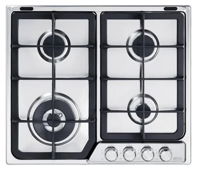 A top-down view of a stainless steel gas cooktop with four burners and control knobs.