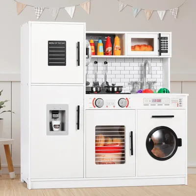 Immagine prodotto di Cucina giocattolo in legno per bambini - Set cucina giocattolo - Con luci e suoni - Include alimenti giocattolo e utensili da cucina - 84x80x25 cm - Bianco