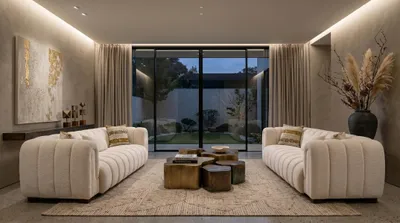 Immagine prodotto di Set di divani beige per soggiorno, composto da due divani a due posti, design moderno, imbottitura in tessuto