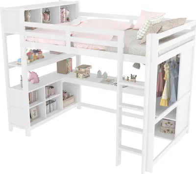 Produktbild von Hochbett mit Lattenrost, Trittleiter, Regal, Kleiderschrank und Schreibtisch, 140x200 cm, Kinderbett mit Rausfallschutz, Kiefer