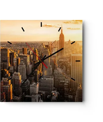 Produktbild von Wanduhr - Quadrat - Glasuhr - New York Wolkenkratzer Manhattan - 40x40cm - Schleichendes Uhrwerk - Lautlos - zum Aufhängen bereit - Dekoration Modern - Wanddekoration aus Glas - C3AC40x40-2672