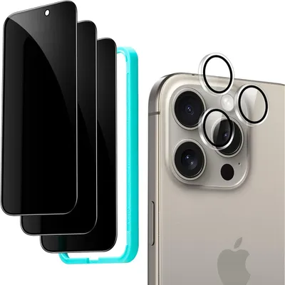 Obrázek produktu pro Sada ochranných fólií na obrazovku pro iPhone 15 Pro Max, soukromé ochranné tvrzené sklo, 3 kusy + ochrana objektivu fotoaparátu