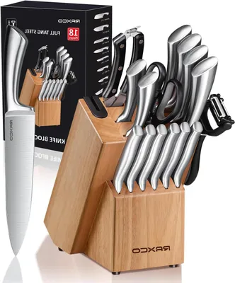 Immagine prodotto di Set di coltelli da cucina in blocco - Set di coltelli professionali - Per cucinare e tagliare - Acciaio inossidabile al 100% - 18 pezzi - Colore legno
