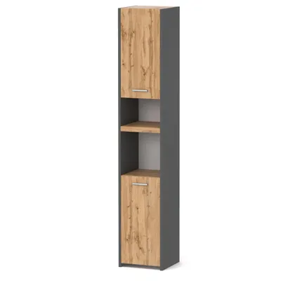 Produktbild von STIV Möbel | Hochschrank Bad Grau Matt / Eiche Wotan 165 cm | 30x30 cm Badezimmer Schrank mit 6 Regalböden