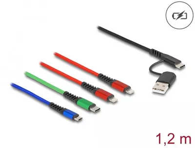 Produktbild von DeLOCK USB Ladekabel 4 in 1 USB Typ-A + USB-C zu 2 x Lightning / Micro USB / USB Type-C 1,20 m, 1,2 m, USB A/USB C, 2 x Lightning / Micro USB-B / USB C, USB 2.0, Schwarz, Blau, Grün, Rot