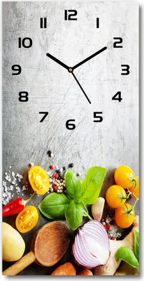 A wall clock with a kitchen-themed background featuring various ingredients like tomatoes, onions, herbs, and spices.
