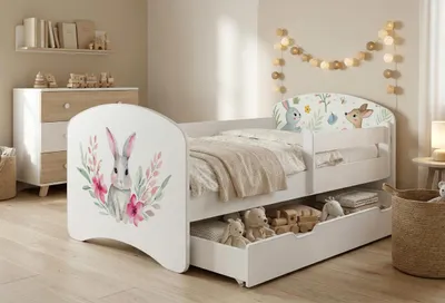 Produktbild von Happy Babies Kinderbett mit Rausfallschutz Junge 140x70 Bett für Kinderzimmer mit Schublade Matratze Einzelbett für Kinder, Weiss, Bunte Aufkleber