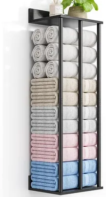 Produktbild von Unyqoos Geräumiger schwarzer® Wandhandtuchhalter mit Holzregal zur Badezimmeraufbewahrung