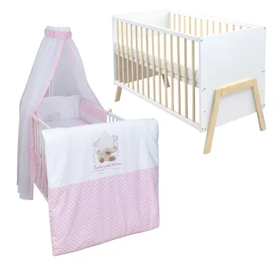 Produktbild von Babybett Kinderbett Gitterbett Juna 60x120 Weiß Schutzgitter Matratze Bettwäsche Set 10tlg Twinkle Stars Rosa