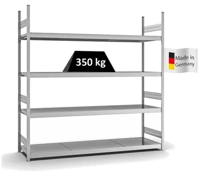 Produktbild von PROREGAL Weitspannregal Stecksystem MAGNUS  Germany | HxBxT 250x250x60cm | 4 Ebenen | Stahlplatten-Fachboden | Fachlast 350kg | Verzinkt