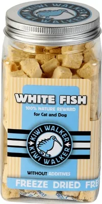 A clear, well-lit studio shot of a jar of freeze-dried white fish treats for cats and dogs.