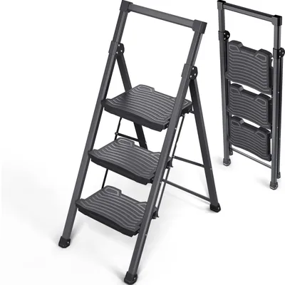 Imagen del producto de Escalera de 3 peldaños, de acero, plegable, con peldaños anchos y antideslizantes, para uso doméstico
