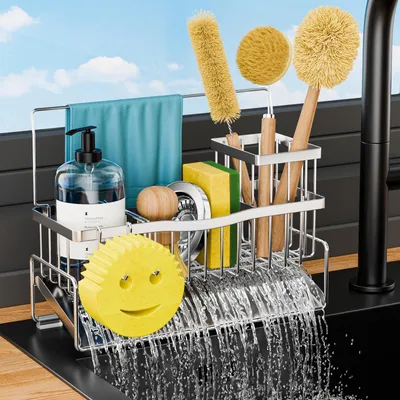 Produktbild von Küchenorganizer mit Schwammhalter, Edelstahlgestell, selbstentleerend mit hohem Bürstenhalter, Schwammhaken, Handtuchhalter und Trennwand, Besteckkasten für die Arbeitsplatte, silberfarben