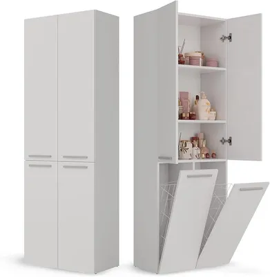 Produktbild von Badezimmerschrank Bad Schrank Mit Wäschekorb Weiß Badschrank Mehrzweckschrank Badregal Stehend Hochschrank Schublade Tür Bodenschrank Allzweckschrank 2 Wäschekorb 174 x 60 x 30