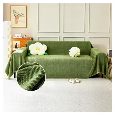 Produktbild von Sofaüberzug für 2/3-Sitzer, L-förmige Ecksofas, Fischgrätmuster, einfarbige Chenille, waschbar, Couchüberzug mit Quasten, Grün, 180x300cm