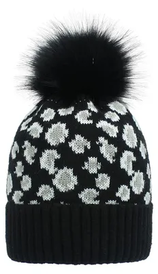 Zdjęcie produktu dla Czapka damska zimowa z pomponem, wzór leopard, uniwersalny rozmiar, kolor czarny