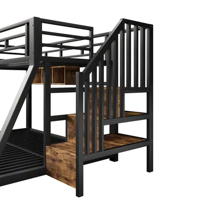 Produktbild von Flieks Etagenbett 90x200cm / 140x200cm mit Led, Kinderbett Hochbett mit Regal und Treppe, Metallbett Jugendbett Einzelbett mit Lattenrost, Schwarz