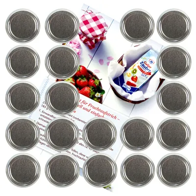 Zdjęcie produktu dla zestaw 20 pokrywek To 66 silver odpowiednich do słoików 125 ml wraz z książeczką z przepisami Diamant-Zucker Gelierzauber
