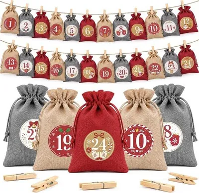 Obrázek produktu pro Adventní kalendář, 24 kusů, rozměr 15 x 20 cm - jutové sáčky - ekologické a opakovaně použitelné - ideální pro tvoření