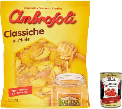 Produktbild von 12x Ambrosoli Caramelle Classiche al Miele, Klassische Honigbonbons sweets, 135g + Italian Gourmet polpa 400g