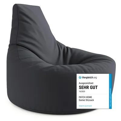 A dark gray beanbag chair is shown against a white background.