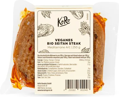 A packaged vegan seitan steak with nutritional information and branding on the label.