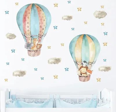 Produktbild von Wandtattoo mit Waldtieren,Wandsticker für Kinderzimmer,Elefant,Giraffe,Bär,Löwe im Luftballon mit Wolken und Sternen