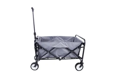 A gray foldable wagon with a black frame and handle, shown from the side against a white background.