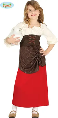 A young girl dressed in a medieval-style costume, holding a jug.