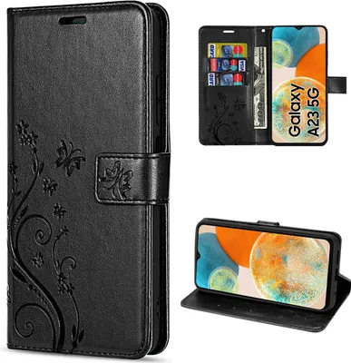 A collage of images showing a black flip phone case with floral embossing, a phone inside the case, and a phone standing up in the case.