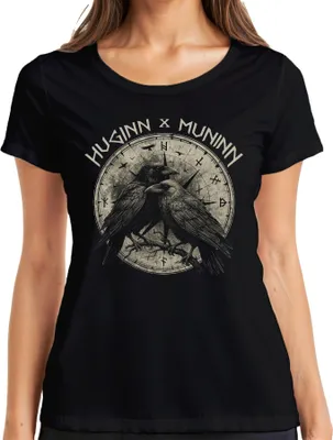 Produktbild von Huginn Muninn Wikinger Raben Odin Vegvisir Runen Gothic Nordisch Damen T-Shirt, Schwarz, M