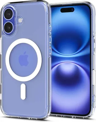 A clear, professional product shot of an iPhone case with MagSafe compatibility, showcasing the Apple logo and the MagSafe ring.