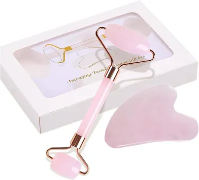 Produktbild von Lamkrtlp Rose Quarz Roller Gua Sha Stone, natürliche Jade -Gesichtsmassage, Gesichtswalze, Massagegerät, beruhigt die Haut entspannt die Haut