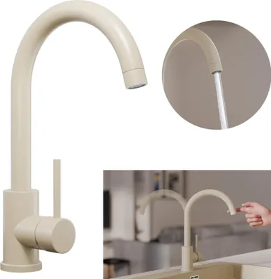 A beige kitchen faucet is shown from multiple angles, including a close-up of water flowing and a hand interacting with a touchless sensor.