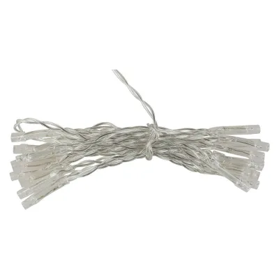 A bundle of transparent LED string lights on a white background.