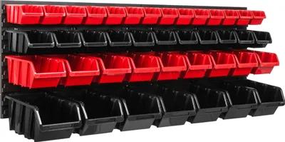 Zdjęcie produktu dla System magazynowy Regał warsztatowy | 115 x 39 cm | 41 szt. Pudełko | Regał ścienny z pojemnikami do układania w stosy – płyty ścienne Bardzo wytrzymały regał z przegródkami Ściana narzędziowa Regał magazynowy Regał garażowy