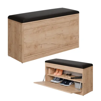 Produktbild von PLATAN ROOM Schuhschrank mit Sitzfläche 100 x 53 x 35 cm Schuhbank EICHE GOLD / SCHWARZ aufklappbar Sitzkommode