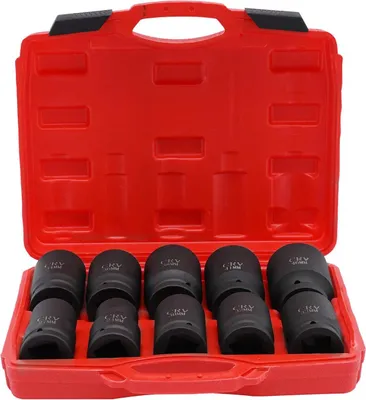 Obrázek produktu pro Sada nástrčných klíčů pro rázové šroubováky - Metrická sada 10 kusů - Čtyřhranný pohon 2,5 cm - Šestihrané nástrčné klíče - Vysoce kvalitní ocel 45# - S úložnou krabicí - Černá barva