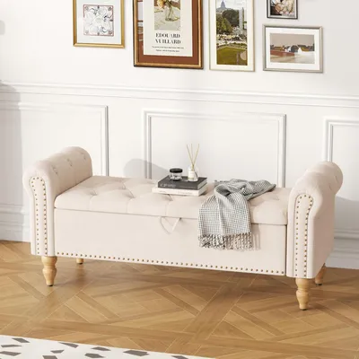 Obrázok produktu pre Sedacia lavica s úložným priestorom, 132 x 45 x 53 cm, béžová. Čalúnená lavica s nohami, vhodná do obývačky, spálne alebo predsiene