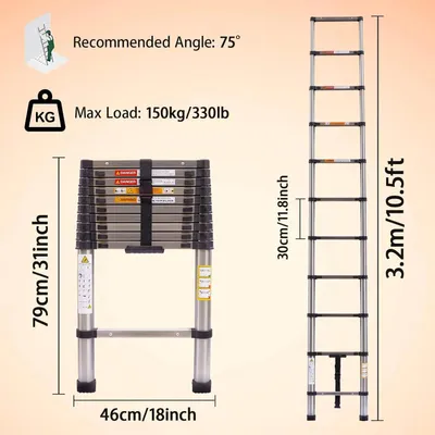Immagine prodotto di Scala telescopica - Diritta 3,2 m - Acciaio inossidabile e ABS - Portata 150 kg - Pieghevole e trasportabile - EN131