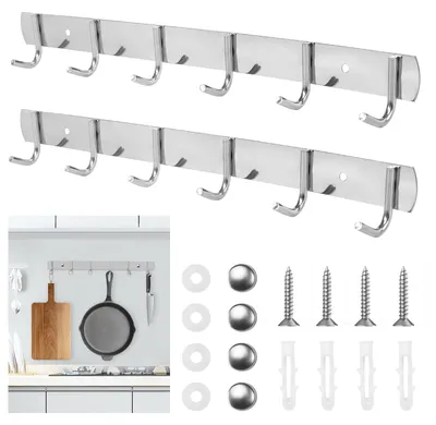 Produktbild von Küchenhakenleiste, 2-teilig, Garderobenständer, Hakenleiste aus Edelstahl, platzsparende Garderobenhaken für Küche, Bad und Wohnzimmer