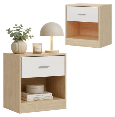 Nachtkästchen-Set 2er, mit Schublade, Natur-Weiß, 41x39x28 cm