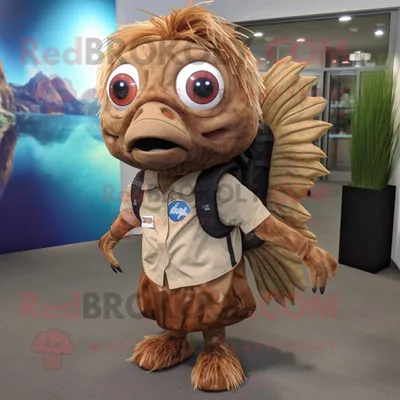 Produktbild von Brauner REDBROKOLY Betta-Fisch Maskottchen Kostüm charakter bekleidet mit einem Hemd und Rucksäcken