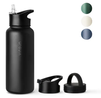 Trinkflasche Edelstahl 1L Thermo Flasche Sport isoliert schwarz Strohhalm Vinsun