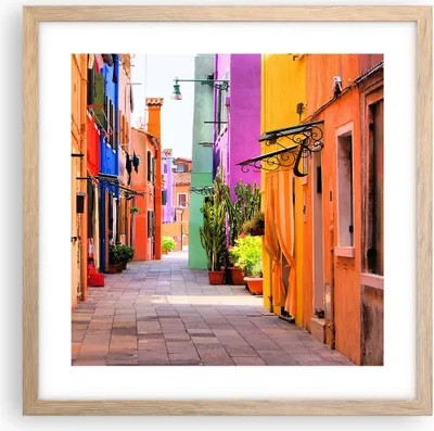 Produktbild von Gerahmtes Poster - Rahmen in heller Eiche - Sommer Straße Haus - 40x40 cm - Wand Bild - Wanddeko - Wandbilder - Wandposter - Bilderrahmen - Bilder - Kunstdruck - Wandbild - P2NAC40x40-3583