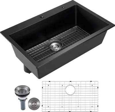 Obrázek produktu pro SucceBuy granitový kuchyňský dřez (838 x 559 x 222 mm) pro povrchovou montáž, vestavný dřez ve venkovském stylu s příslušenstvím, dřez pro obytné vozy, kuchyňské linky, bary, černý