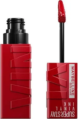A red lipstick tube and applicator are shown against a white background.