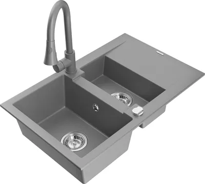 Produktbild von Mexen Gaspar 1,5-Becken-Granitspüle mit Abtropffläche und Mischbatterie Elia, Grau - 6507-71-670101-71
